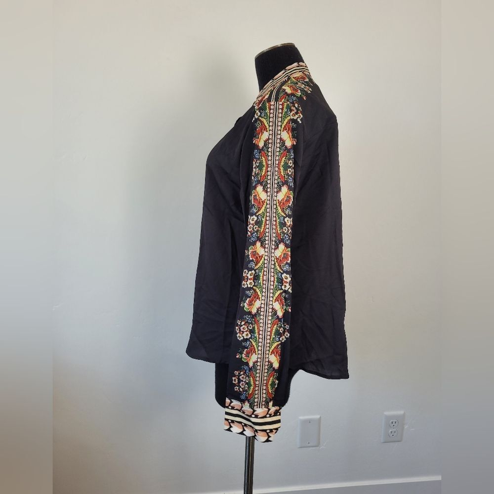 NEW Black Floral Abstract Blouse Top Asian Office Career Boho Indie Oriental 14 - Picture 4 of 12